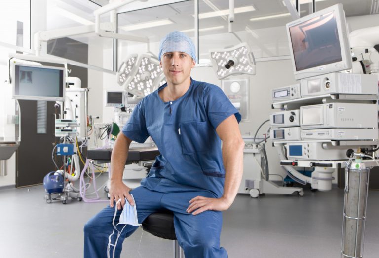 nurse wearing blue scrubs